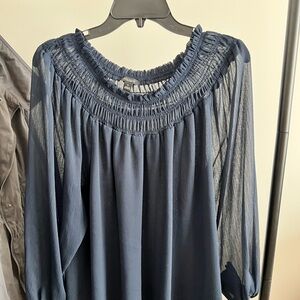 Ann Taylor Navy Blouse with Smocked Detail and sheer sleeves